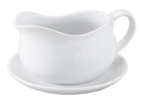 Product Cover HIC Hotel Gravy Sauce Boat with Saucer Stand, Fine White Porcelain, 24-Ounces