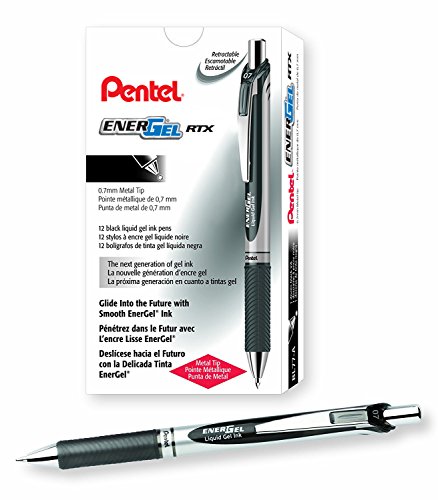 Product Cover Pentel EnerGel RTX Retractable Liquid Gel Pen, 0.7mm Medium Line, Metal Tip, Black Ink, 12 Pack (BL77-A)