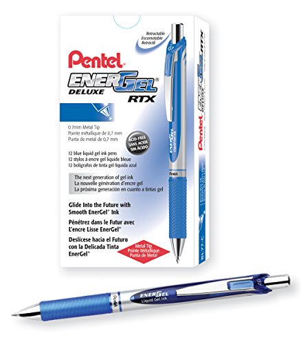Product Cover Pentel EnerGel  RTX Gel Pens, 0.7 mm Metal Tip, Black/Silver Barrel, Blue Ink, 12 Each (BL77-C)