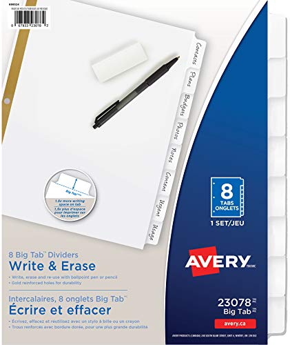 Product Cover Avery 8-Tab Binder Dividers, Write & Erase White Big Tabs, 1 Set (23078)