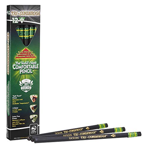 Product Cover Ticonderoga Tri-Conderoga Triangular Pencils, Wood-Cased #2, Sharpener, Soft Touch Comfort Barrel, Black, 12-Pack (22500)