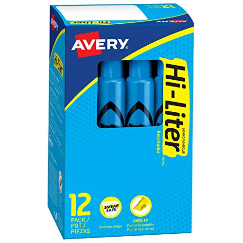 Product Cover Avery Hi-Liter Desk-Style Highlighters, Smear Safe Ink, Chisel Tip, 12 Fluorescent Blue Highlighters (24016)