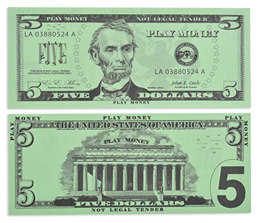 Product Cover Learning Advantage Five Dollar Play Bills - Set of 100 $5 Paper Bills - Designed and Sized Like Real US Currency - Teach Currency, Counting and Math with Play Money