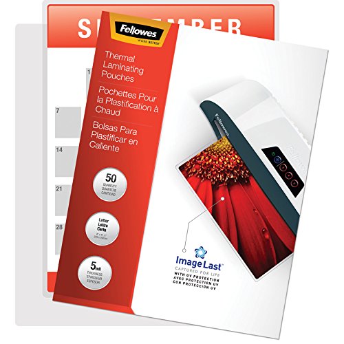 Product Cover Fellowes Thermal Laminating Pouches, ImageLast, Jam Free, Letter Size, 5 Mil, 50 Pack (5204002)