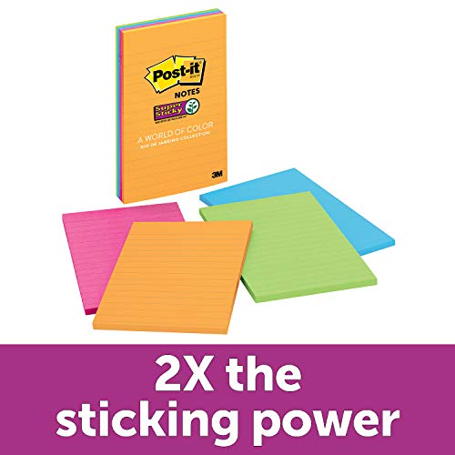 Product Cover Post-it Super Sticky Notes, 2x Sticking Power, 4 in x 6 in, Rio de Janeiro Collection, Lined, 4 Pads/Pack, 45 Sheets/Pad (4621-SSAU)