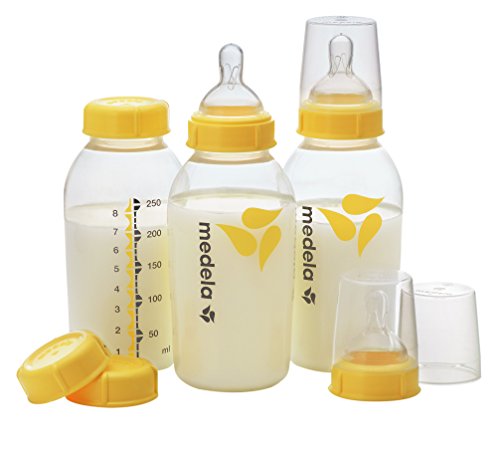 Product Cover Medela Breast Milk Storage Bottles, 3 Pack of 8 Ounce Breastfeeding Bottles with Nipples, Lids, Wide Base Collars, and Travel Caps, Made Without BPA