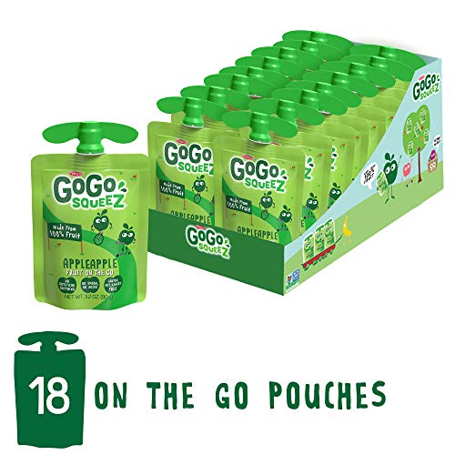 Product Cover GoGo squeeZ Applesauce on the Go, Apple Apple, 3.2 Ounce (18 Pouches), Gluten Free, Vegan Friendly, Healthy Snacks, Unsweetened Applesauce, Recloseable, BPA Free Pouches