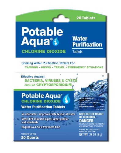 Product Cover Potable Aqua Chlorine Dioxide Water Purification Tablets - Portable Drinking Water Treatment for Camping, Emergency Preparedness, Hurricanes, Storms, Survival, and Travel (20 Tablets)