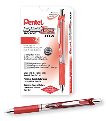 Product Cover Pentel BL77-B, EnerGel  RTX, Gel Pen, Medium Metal Tip, Red/Silver Barrel, Red Ink, Box of 12