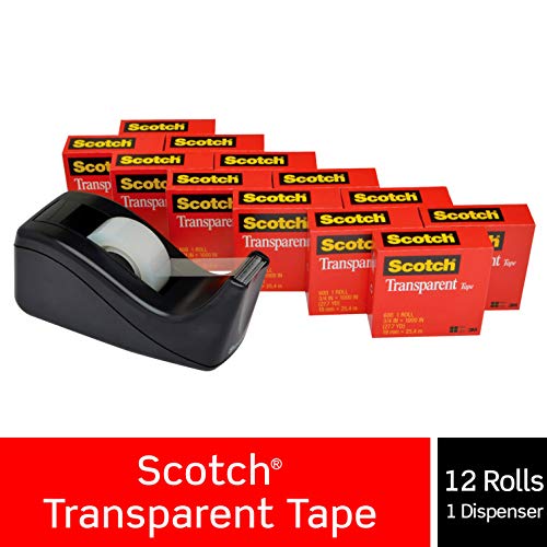 Product Cover Scotch Transparent Tape with C60 Desktop Dispenser, Versatile, Cuts Cleanly, Engineered for Office and Home Use, 3/4 x 1000 Inches, Boxed, 12 Rolls, 1 Dispenser (600K-C60)