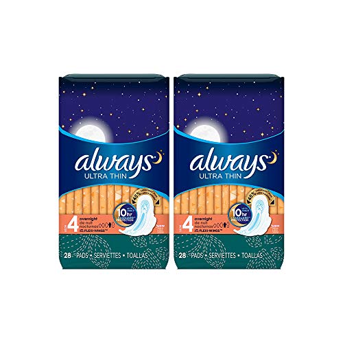 Product Cover Always Ultra Thin Feminine Pads for Women, Size 4, Overnight Absorbency, with Wings, Unscented, 28 Count-Pack of 2 (56 Count Total)