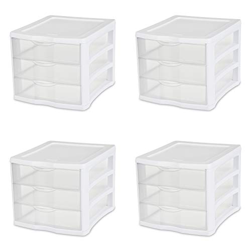 Product Cover Sterilite 17918004 3 Drawer Unit, White Frame with Clear Drawers, 4-Pack