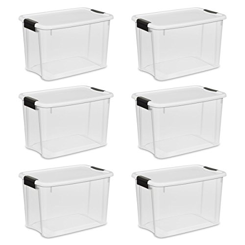 Product Cover Sterilite 19859806, 30 Quart/28 Liter Ultra Latch Box, Clear with a White Lid and Black Latches, 6-Pack