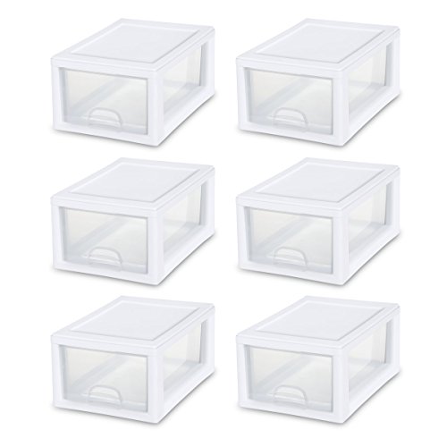 Product Cover Sterilite 20518006 6 Quart/5.7 Liter Stacking Drawer, White Frame with Clear Drawer, 6-Pack