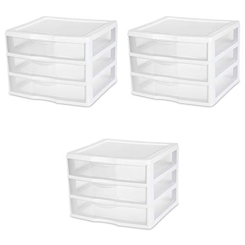 Product Cover Sterilite 20938003 Wide 3 Drawer Unit, White Frame with Clear Drawers, 3-Pack