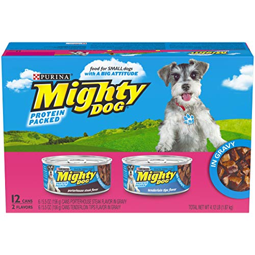 Product Cover Purina Mighty Dog Small Breed Gravy Wet Dog Food Variety Pack, Porterhouse Steak & Tenderloin Tips Flavors - (2 Packs of 12) 5.5 oz. Cans