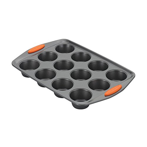 Product Cover Rachael Ray 54075 Yum -o!  Nonstick Bakeware 12-Cup Muffin Tin With Grips / Nonstick 12-Cup Cupcake Tin With Grips - 12 Cup, Gray