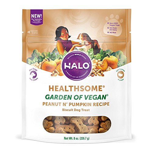 Product Cover Halo Vegan Grain Free Natural Crunchy Dog Treats, Garden of Vegan Peanut N' Pumpkin Recipe, 8-Ounce Bag