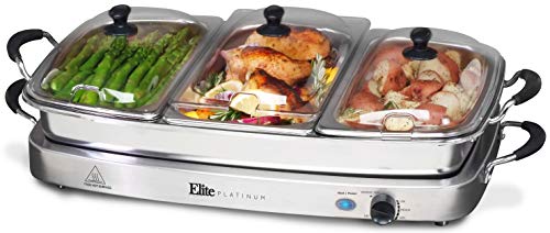 Product Cover Elite Platinum EWM-9933 Deluxe Triple Buffet Server Food Warmer Party Tray, Oven-Safe Pan, Gravy & Holiday Essentials, 3 x 2.5Qt, Stainless Steel