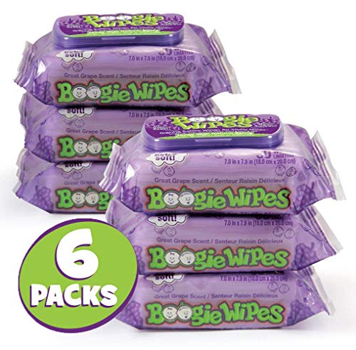 Product Cover Boogie Wipes, Wet Wipes for Baby and Kids, Nose, Face, Hand and Body, Soft and Sensitive Tissue Made with Natural Saline, Aloe, Chamomile and Vitamin E, Grape Scent, 30 Count (Pack of 6)