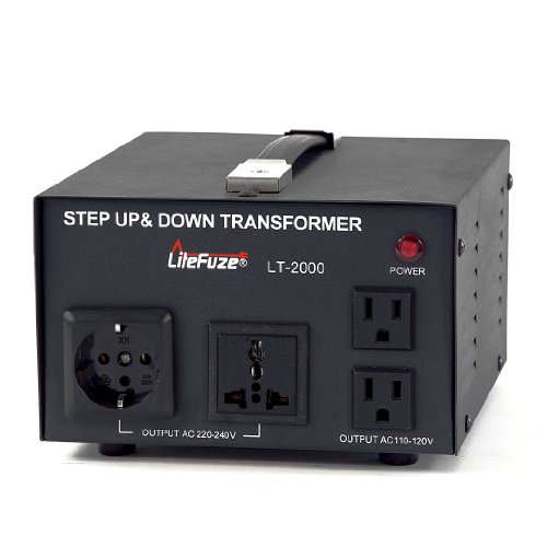 Product Cover LiteFuze LT Series 2000 Watt Heavy Duty Voltage Converter Transformer - Step Up/Down 110/120/220/240V - Fully Grounded Cord - Patented Universal Output Socket, German/French Shucko Output Socket - Circuit Breaker Protection