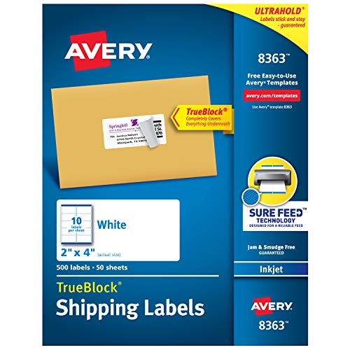Product Cover Avery Shipping Address Labels, Inkjet Printers, 500 Labels, 2x4 Labels, Permanent Adhesive, TrueBlock (8363)