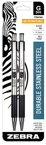 Product Cover Zebra Pen 41312 G-301 Stainless Steel Retractable Gel Pen, Medium Point, 0.7mm, Black Ink, 2-Count