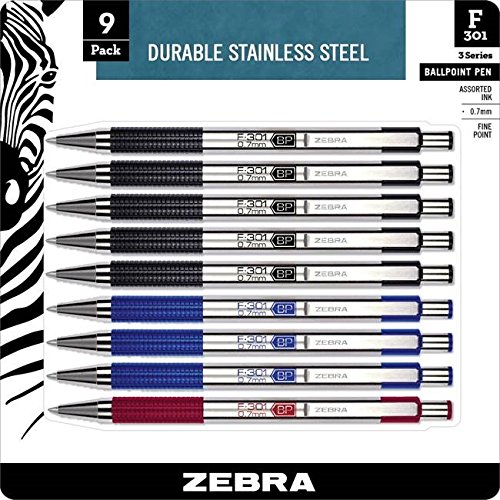 Product Cover Zebra F-301 Ballpoint Stainless Steel Retractable Pen, Fine Point, 0.7mm, Assorted Ink, 9-Count: Black, Blue, Red