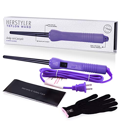 Product Cover Herstyler Baby Curls Mini Curling Iron | Tapered 9mm to 13mm Curling Iron | 1/2 Curling Wand with Dual Voltage | Thin Curling Iron for Queens Who Want to Be Crowned in Curls | Purple