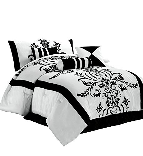 Product Cover Chezmoi Collection 7-Piece White with Black Floral Flocking Comforter Set Bed-in-a-Bag for Queen Size Bedding, 90 by 92-Inch
