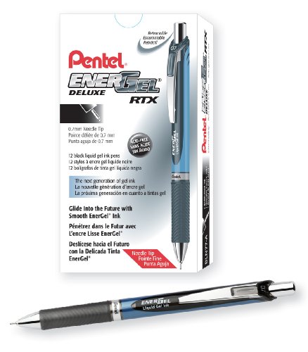 Product Cover Pentel EnerGel  RTX Retractable Gel Ink Pen, Medium Point, Needle Tip, Black Ink, Box of 12 (BLN77-A)