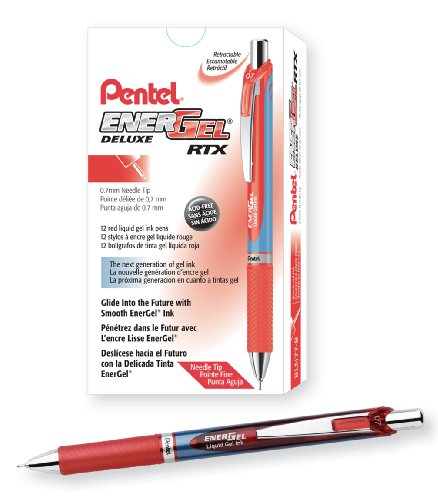 Product Cover Pentel EnerGel Deluxe RTX Retractable Liquid Gel Pen, Medium Line, Needle Tip, Red Ink, Box of 12 (BLN77-B)