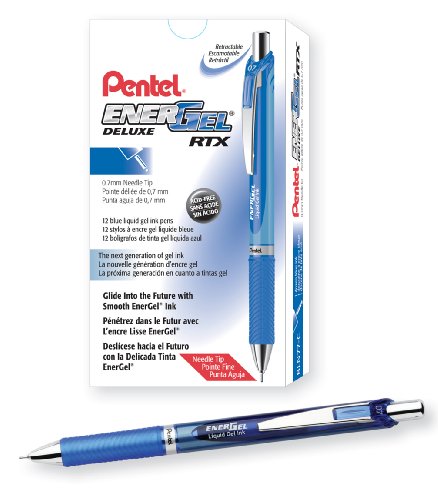 Product Cover Pentel Gel Ink Pen, EnerGel RTX Retractable Gel Pen, Medium Point, Needle Tip, Blue Ink, Box of 12 (BLN77-C)