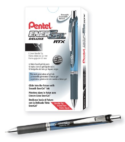 Product Cover Pentel EnerGel  RTX Retractable Gel Ink Pen, Fine Point, Needle Tip, Black Ink, Box of 12 (BLN75-A)