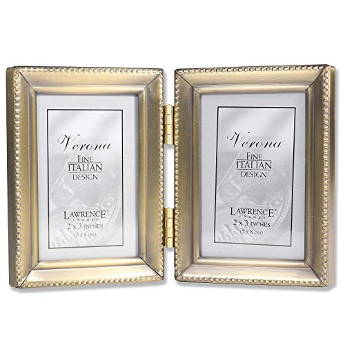 Product Cover Lawrence Frames Antique Gold Brass Hinged Double 2x3 Picture Frame - Beaded Edge Design
