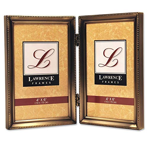 Product Cover Lawrence Frames Antique Brass 4x6 Hinged Double Picture Frame - Bead Border Design