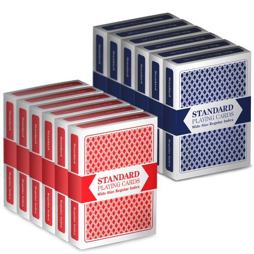 Product Cover Brybelly 12 Decks (6 Red/6 Blue) Wide-Size, Regular Index Playing Cards Set - Plastic-Coated, Classic Poker Size