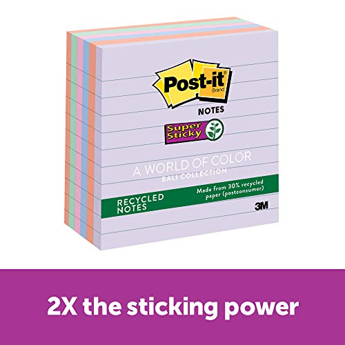 Product Cover Post-it Recycled Super Sticky Notes, 2x Sticking Power, 3 in x 3 in, Bali Collection, 6 Pads/Pack (654-6SSNRP)