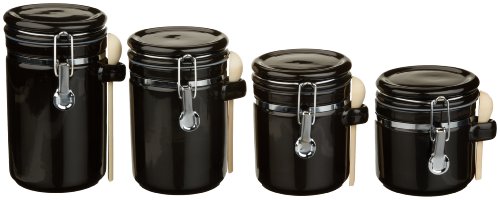 Product Cover Anchor Home Collection 4-Piece Ceramic Canister Set with Clamp Top Lid and a Wood Spoon, Black