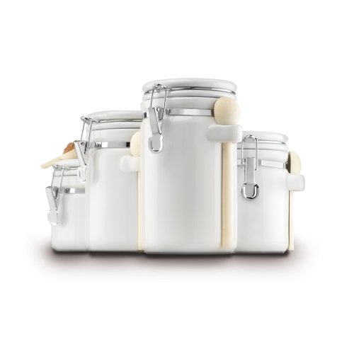 Product Cover Anchor Hocking 4-Piece Ceramic Canister Set with Clamp Top Lid and Wooden Spoon, White - 03806WMR