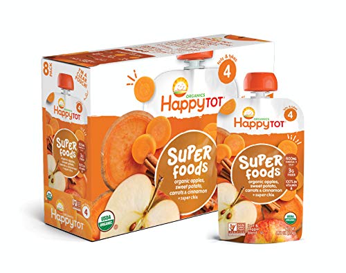 Product Cover Happy Tot Organic Stage 4 Super Foods Apples Sweet Potatoes Carrots & Cinnamon + Super Chia, 4.22 Ounce Pouch (Pack of 16) (Packaging May Vary) Non-GMO Gluten Free 3g Fiber Source of vitamins A & C