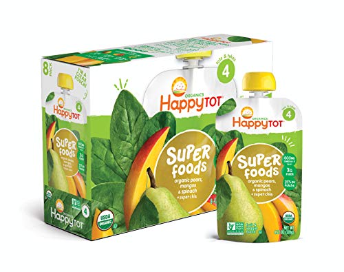 Product Cover Happy Tot Organic Stage 4 Super Foods Pears Mangos and Spinach + Super Chia, 4.22 Ounce Pouch (Pack of 16) (Packaging May Vary) Non-GMO Gluten Free3g of Fiber Excellent source of vitamins A & C