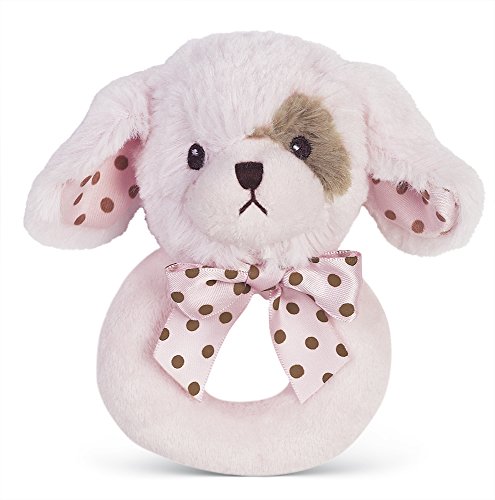 Product Cover Bearington Baby Wiggles Plush Stuffed Animal Pink Puppy Dog Soft Ring Rattle, 5.5