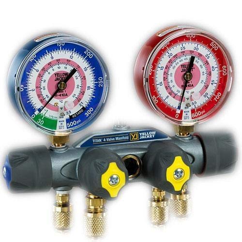 Product Cover Yellow Jacket 49963 Manifold Only Degrees F, psi Scale, R-22/404A/410A Refrigerant, Red/Blue Gauges
