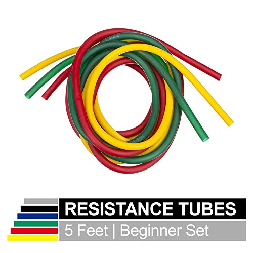 Product Cover TheraBand Resistance Tubes, Professional Latex Elastic Tubing, Upper & Lower Body, Core Exercise, Physical Therapy, Lower Pilates, at-Home Workouts, Rehab, 5 Foot, Yellow, Red, Green, Beginner Set