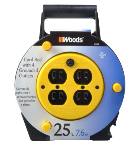 Product Cover Woods 4907 Extension Cord Reel with 4-Outlets 16/3 SJTW and 12A Circuit Breaker, 25-Foot
