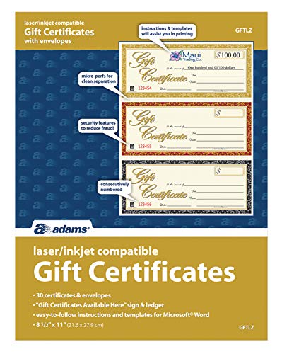 Product Cover Adams Gift Certificates, Laser/Inkjet Compatible, 3-Up, 30 per Pack with Envelopes (GFTLZ)