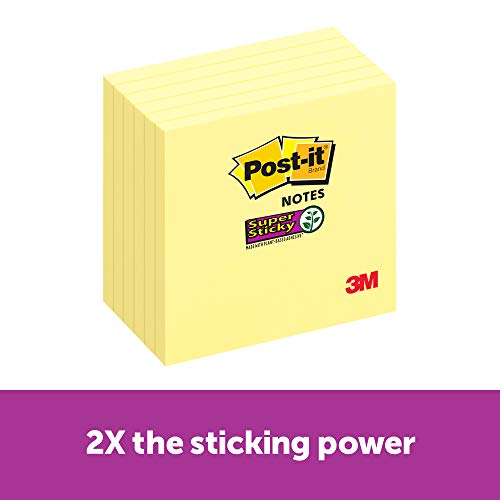 Product Cover Post-it Super Sticky Notes, 2x Sticking Power, 3 in x 3 in, Canary Yellow, 6 Pads/Pack, 65 Sheets/Pad (654-6SSCY)
