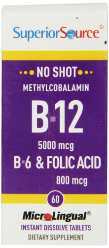 Product Cover Superior Source No Shot Methylcobalamin Vitamin B12/B6/Folic Acid Tablets, 5000 mcg/800 mcg, 60 Count