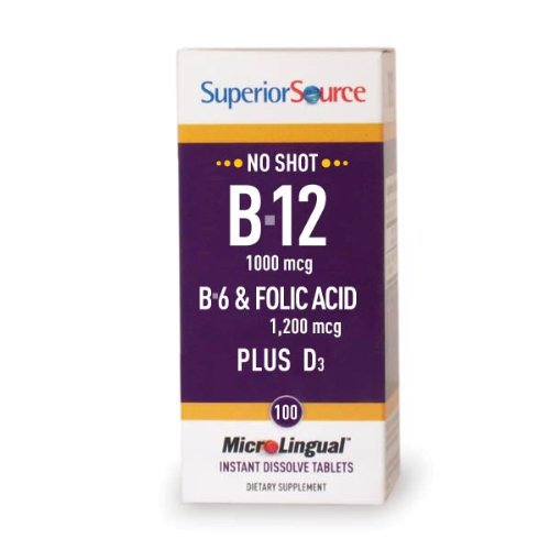Product Cover Superior Source No Shot Vitamin B12 Cyanocobalamin - B6 - Folic Acid - Vitamin D Instant Dissolve Tablets - Cyanocobalamin 1000 mcg Vit D 1000 IU - Active B12 Supplement Sublingual 100 Count